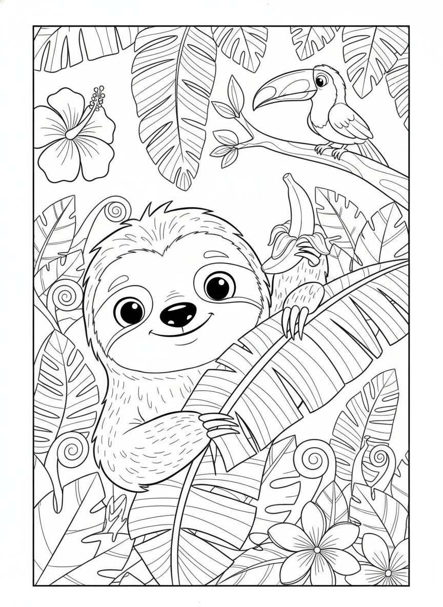 Cute Sloth & Banana Leaf Fun Coloring Page