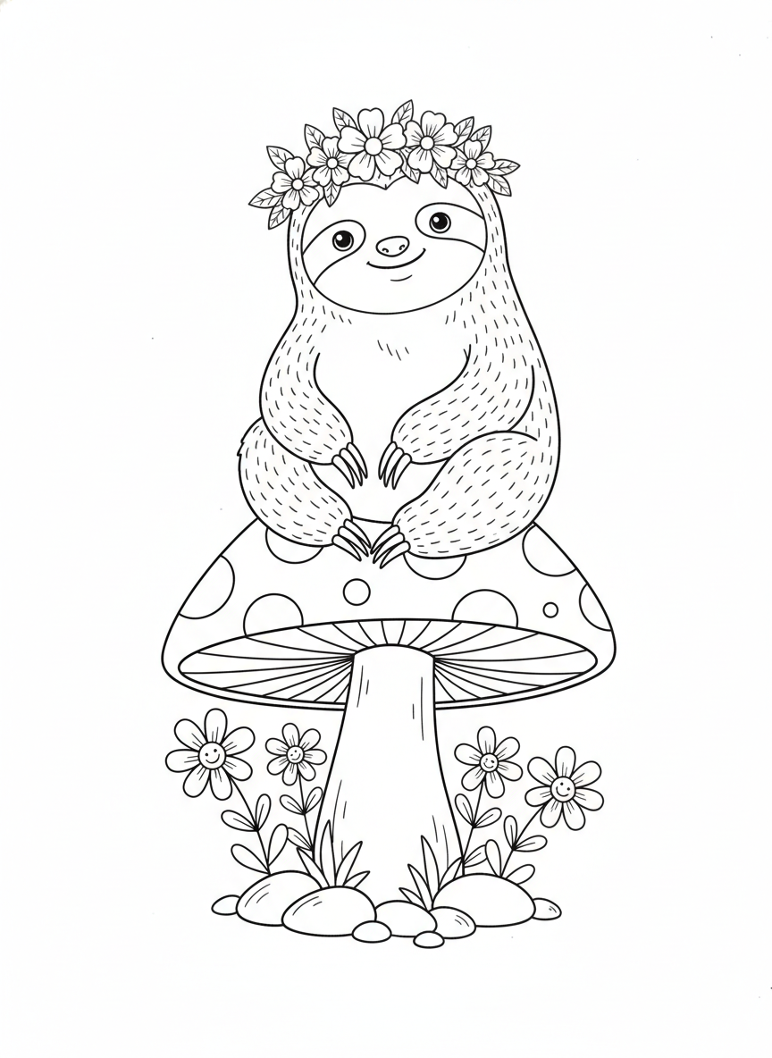 Cute Sloth on Mushroom Coloring Page for Kids