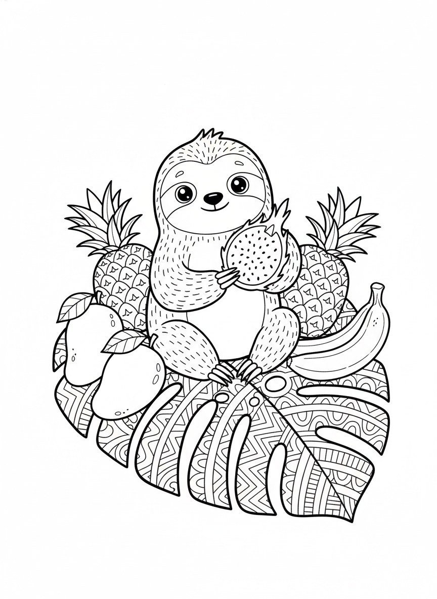Cute Sloth with Dragon Fruit Coloring Page