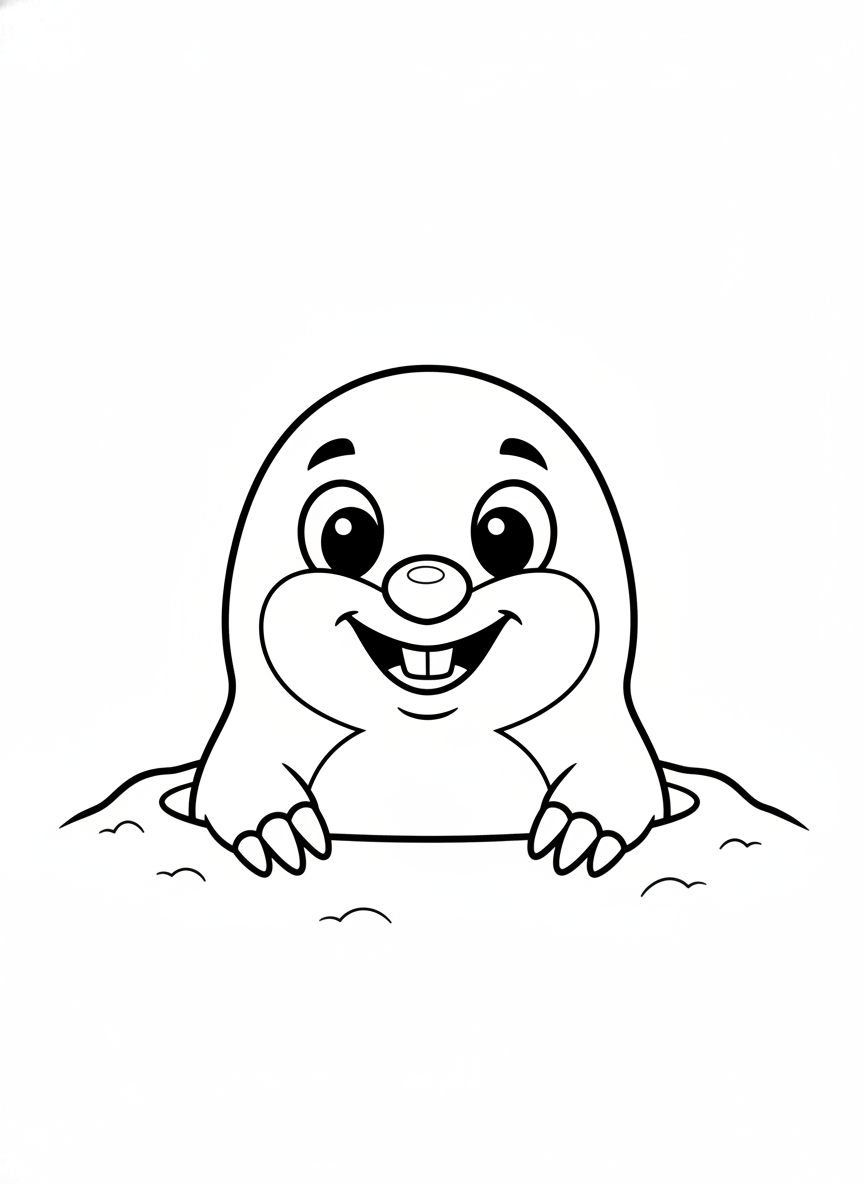 Cute Smiling Mole Peeking from Molehill Coloring Page for Kids