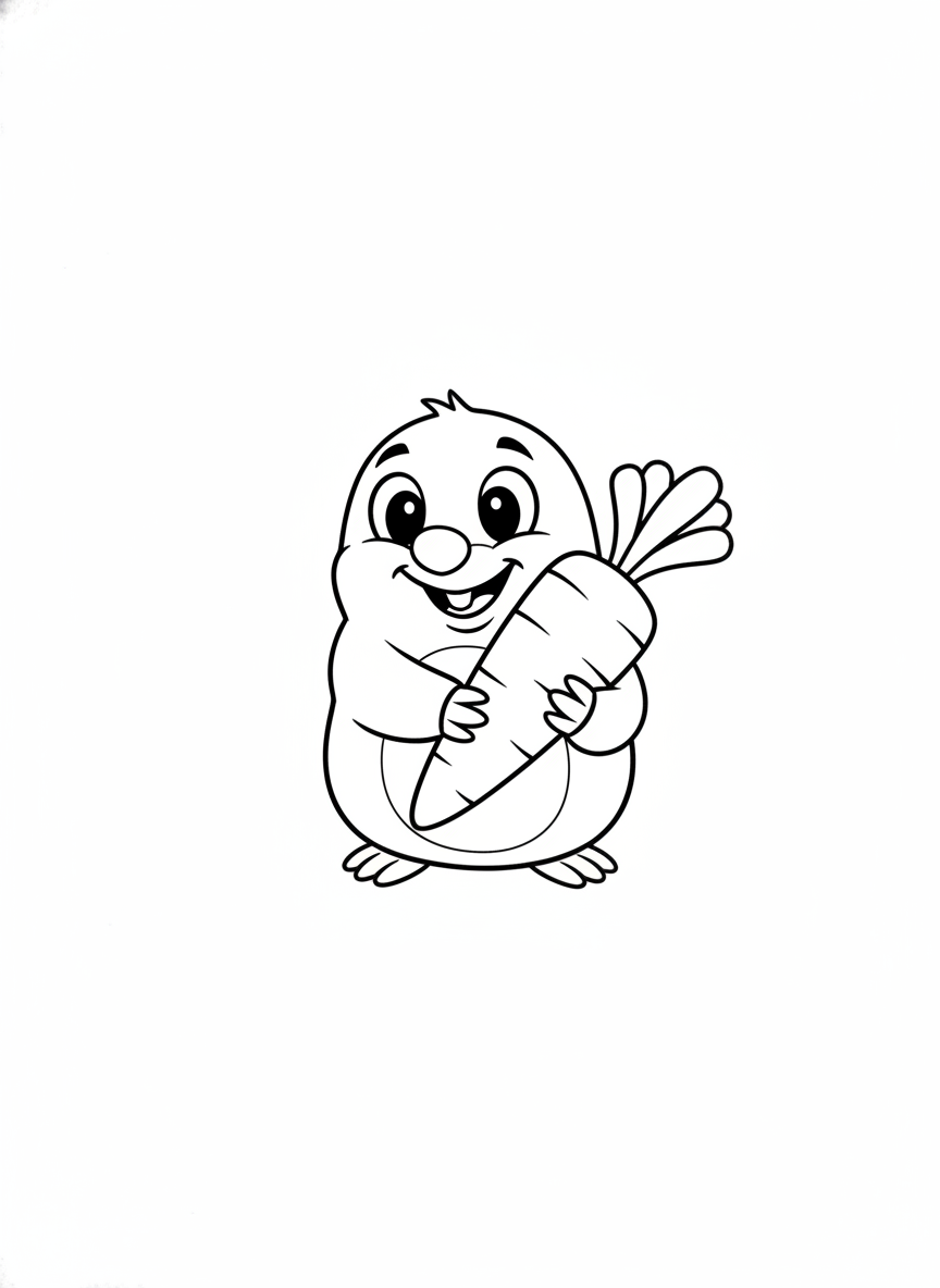 Cute Smiling Mole with Carrot Kids Coloring Page