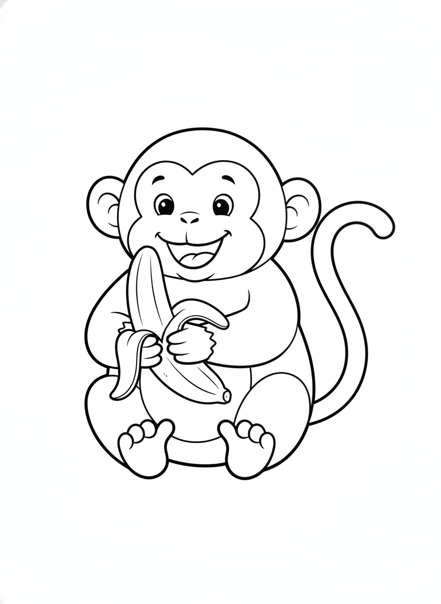 Cute Smiling Monkey with Banana Coloring Page for Kids