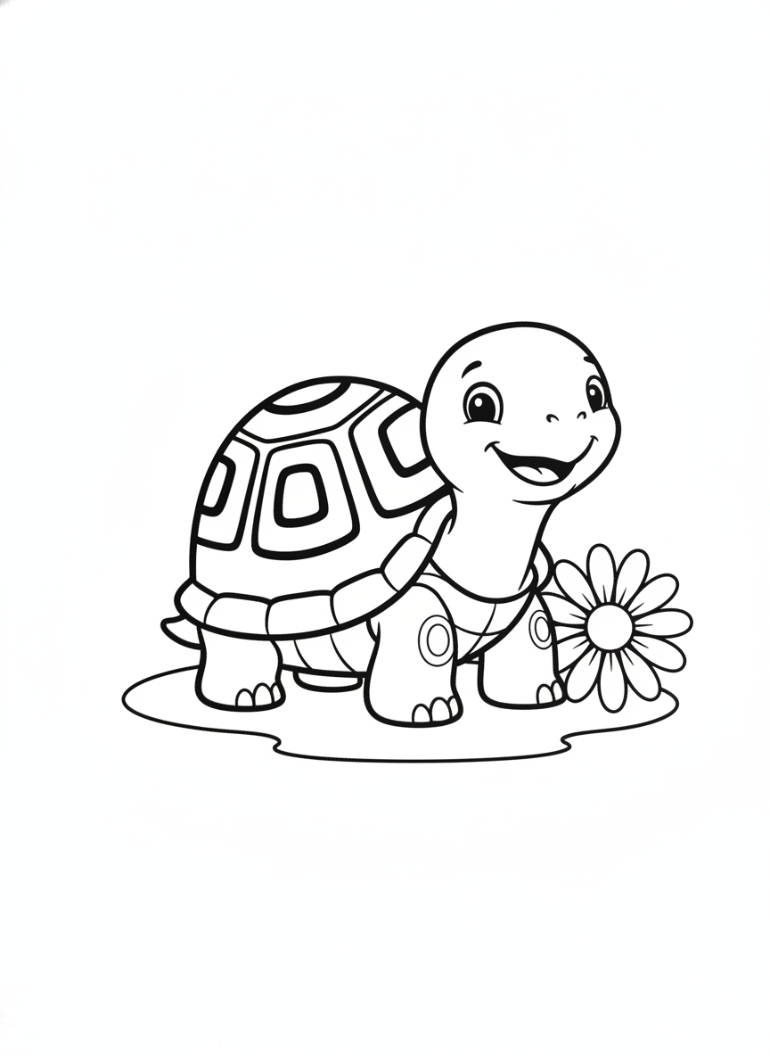 Cute Smiling Turtle & Daisy Coloring Page for Kids