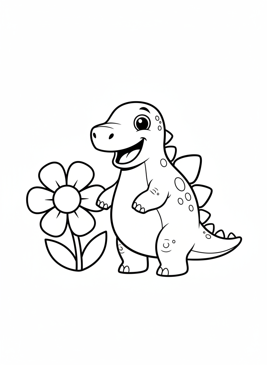 Cute Stegosaurus & Flower Coloring Page for Kids