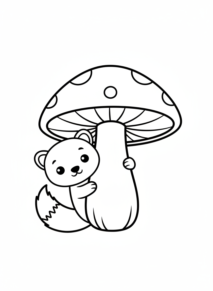 Cute Stoat Peeking from Mushroom Coloring Page