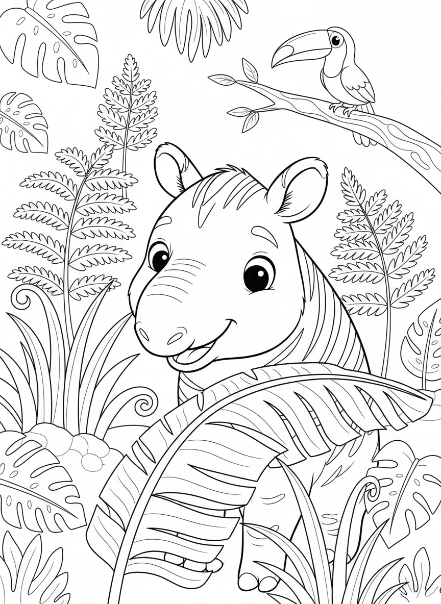 Cute Tapir Jungle Hide-and-Seek Coloring Page