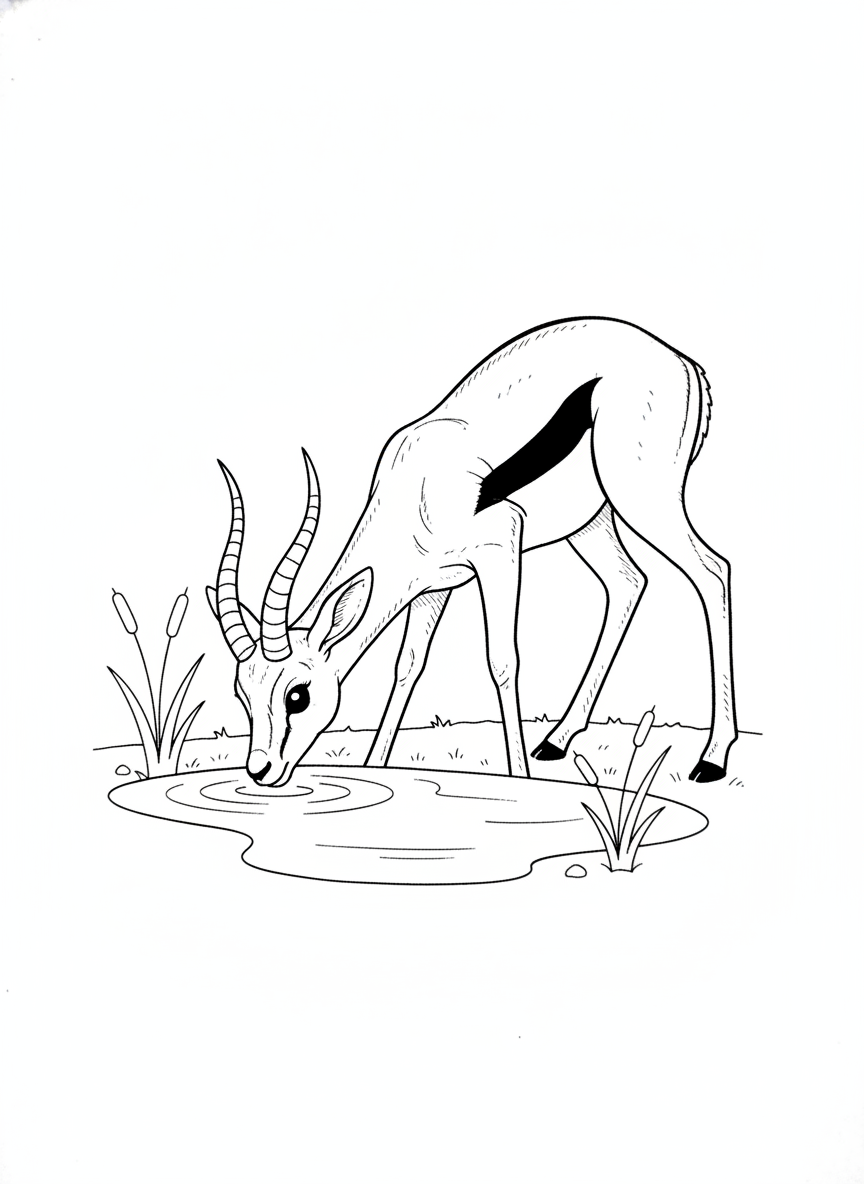 Cute Thomson's Gazelle Drinking Water Coloring Page for Kids