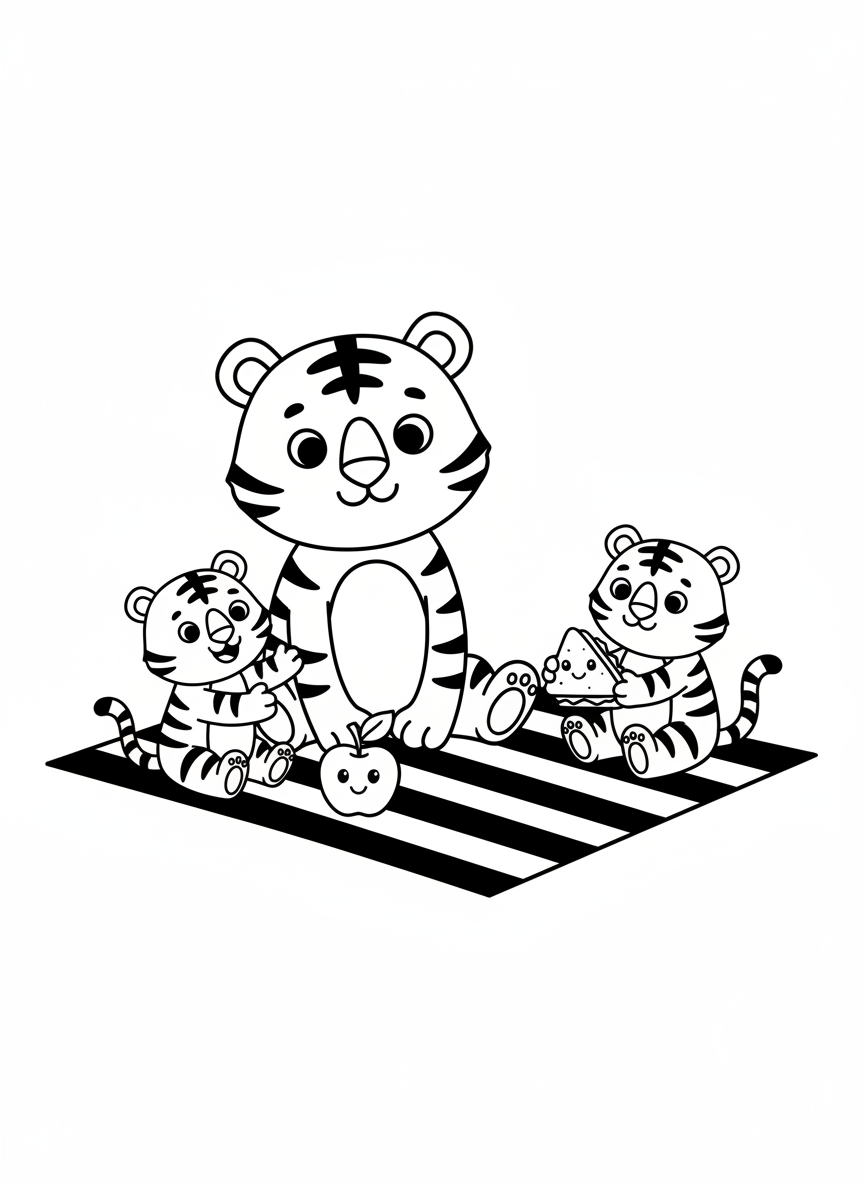 Cute Tiger Family Picnic Coloring Page for Kids