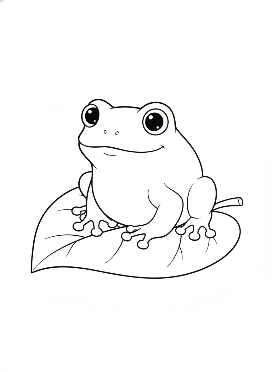 Cute Tree Frog on a Leaf Coloring Page for Kids