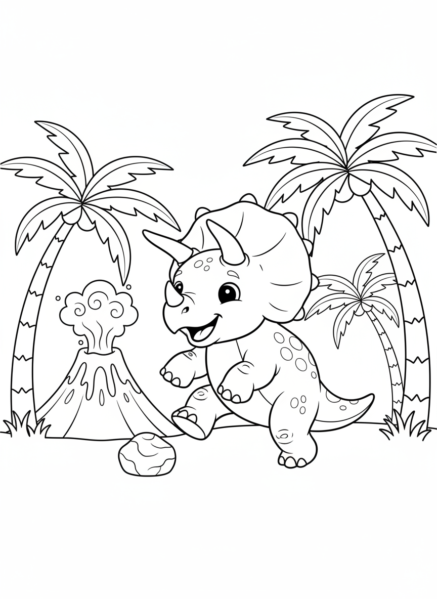 Cute Triceratops Playing by a Volcano Coloring Page