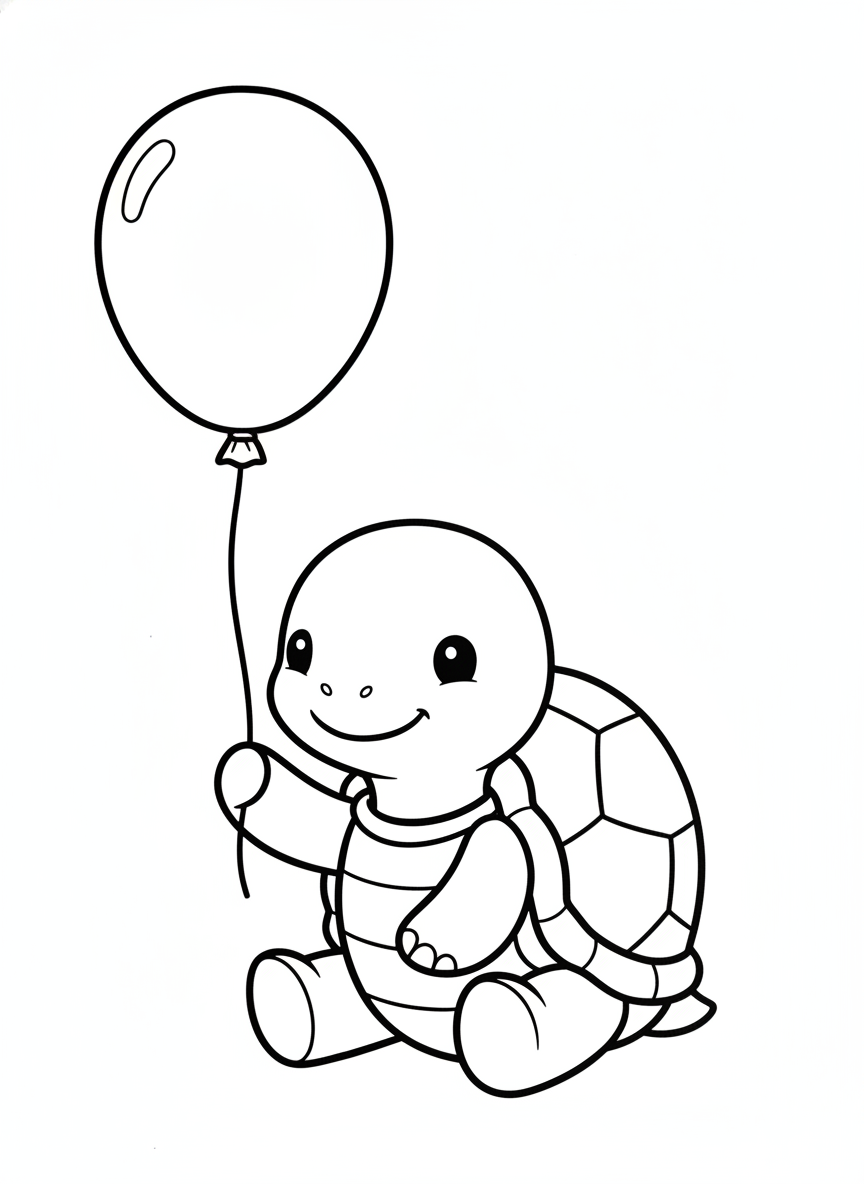 Cute Turtle with Balloon Coloring Page for Kids
