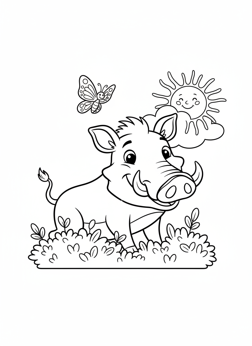 Cute Warthog Hide-and-Seek Coloring Page