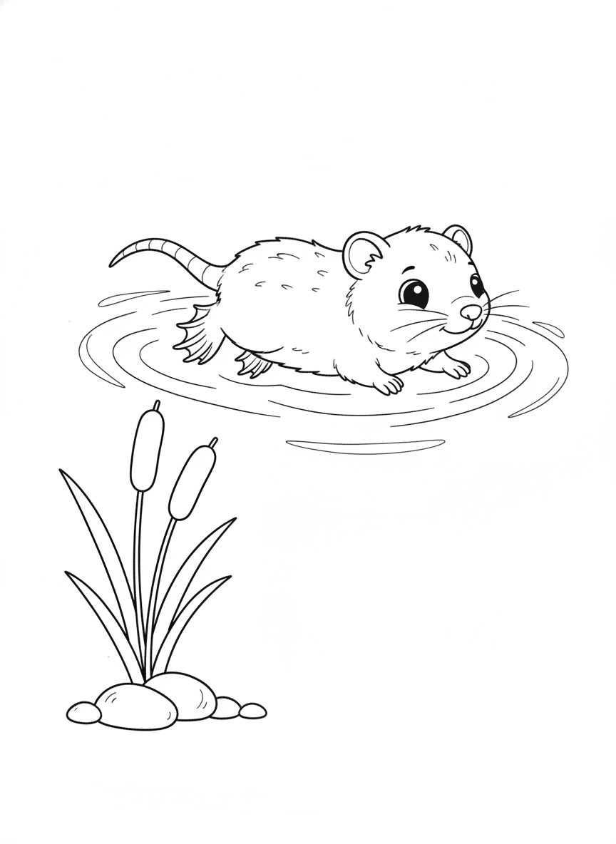 Cute Water Shrew Swimming in a Stream Coloring Page