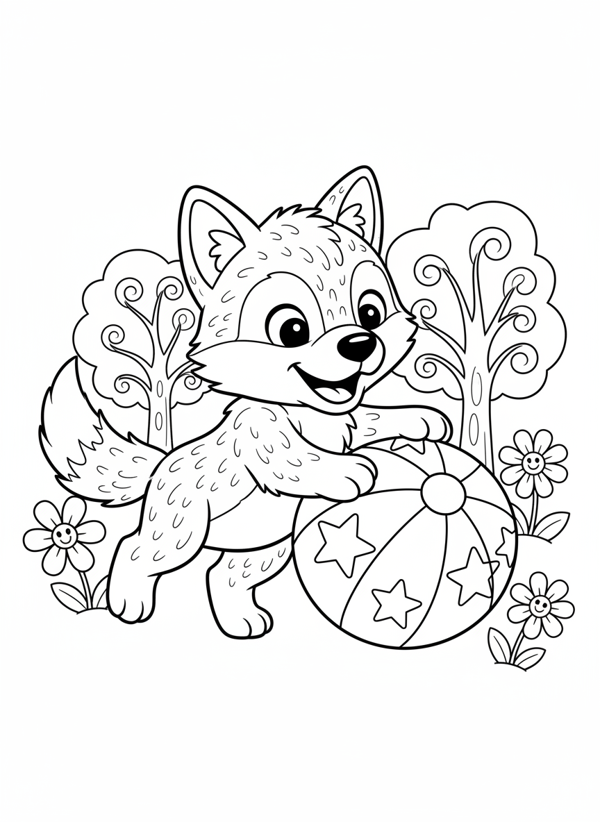 Cute Wolf Cub Playing with Star Ball