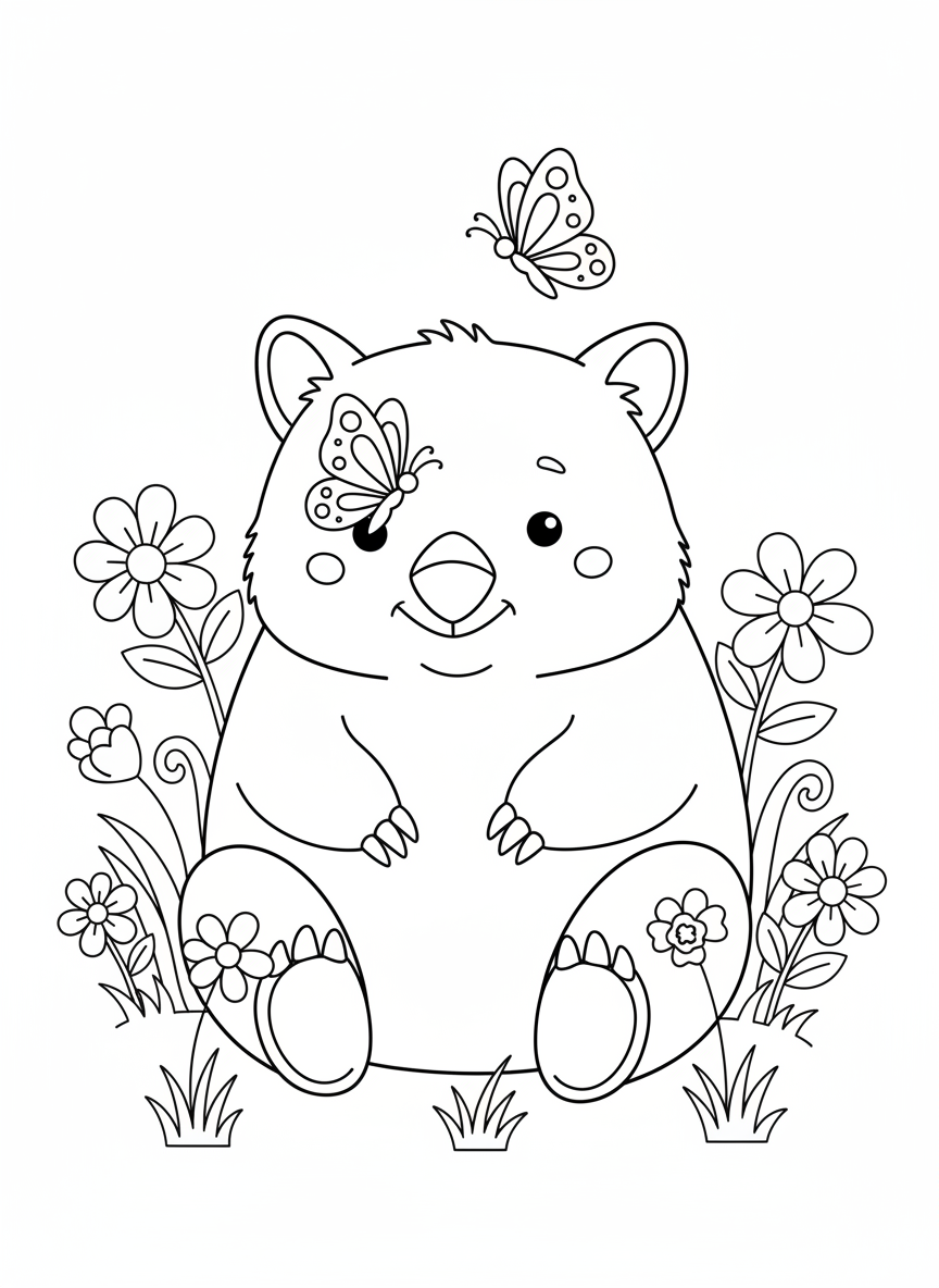 Cute Wombat & Butterflies Coloring Page