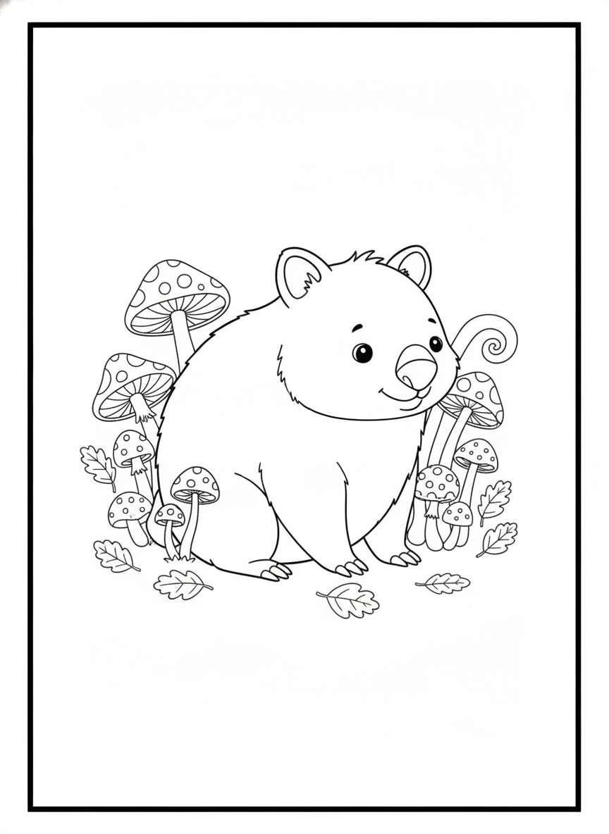Cute Wombat & Mushroom Adventure Kids Coloring Page