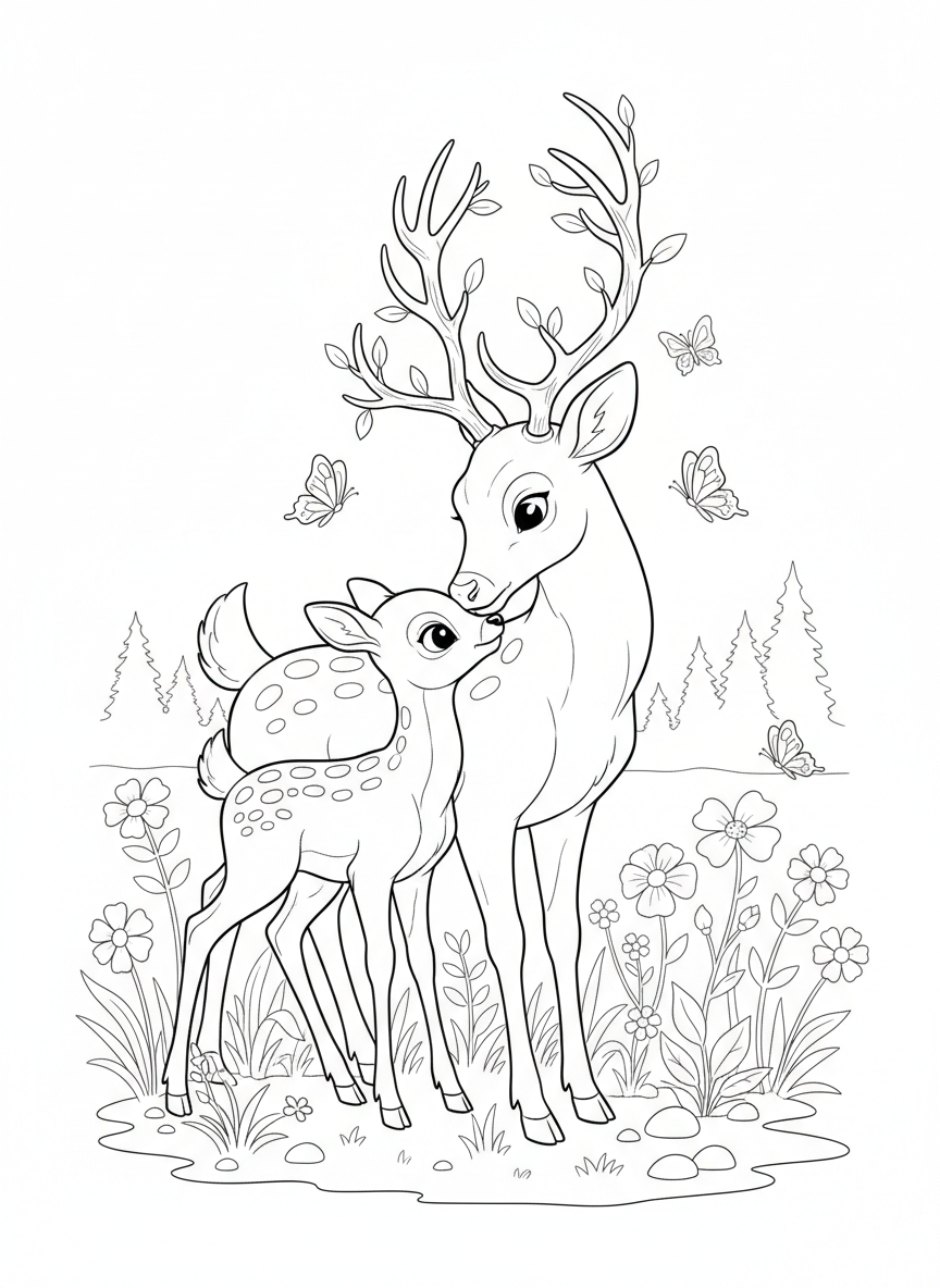 Deer Family in Wildflower Meadow