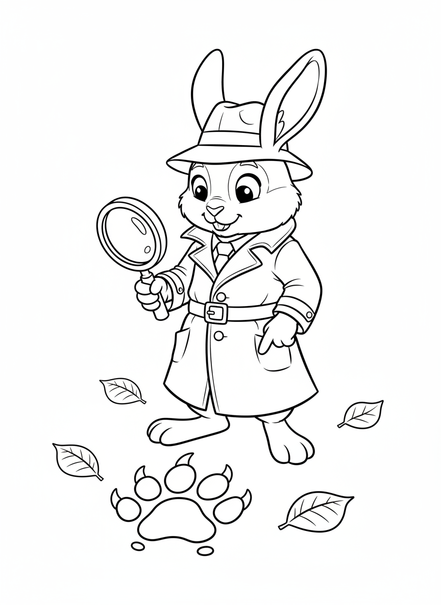Detective Rabbit Footprint Mystery Coloring Page