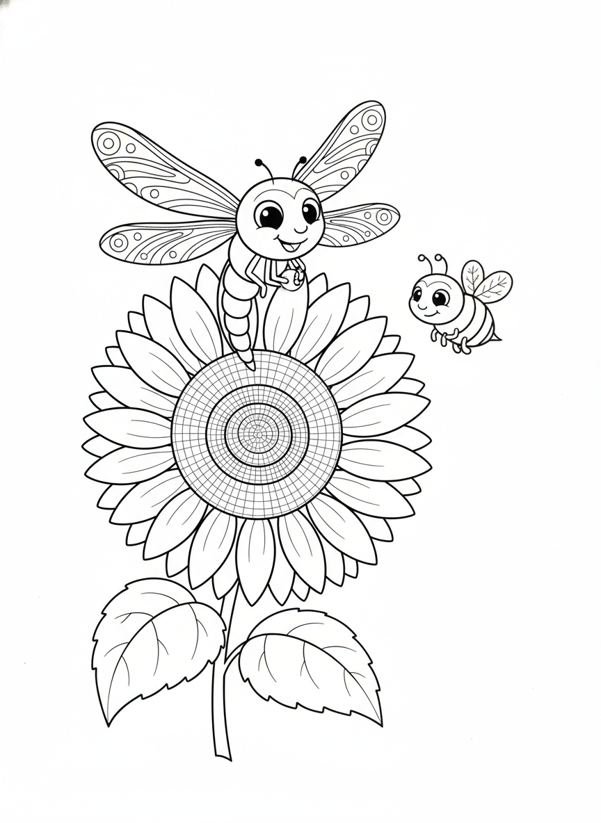 Dragonfly & Bee on Sunflower Coloring Page