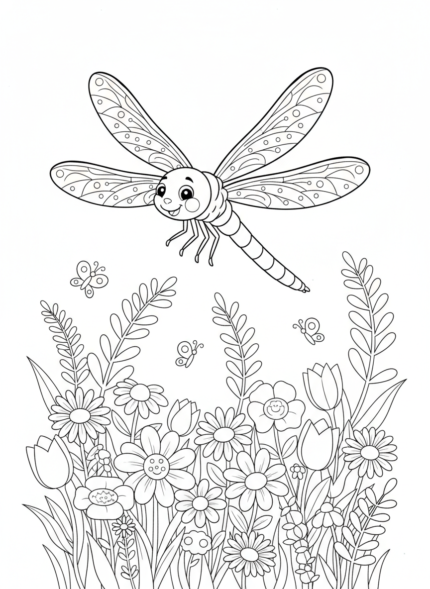 Dragonfly in a Flower Meadow Coloring Page