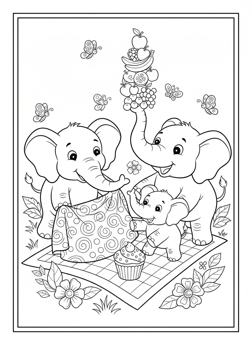 Elephant Family Picnic Coloring Page