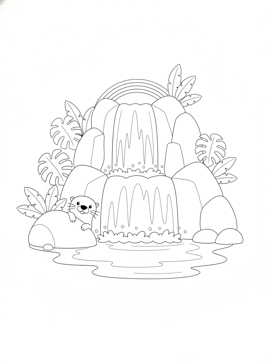 Enchanting Waterfall & Playful Otter Coloring Page for Kids