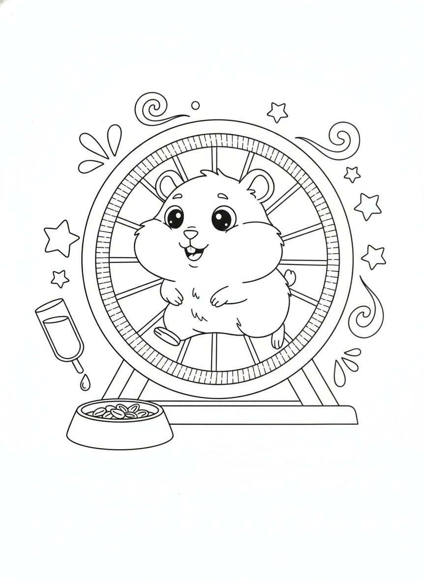 Energetic Hamster in Running Wheel Coloring Page