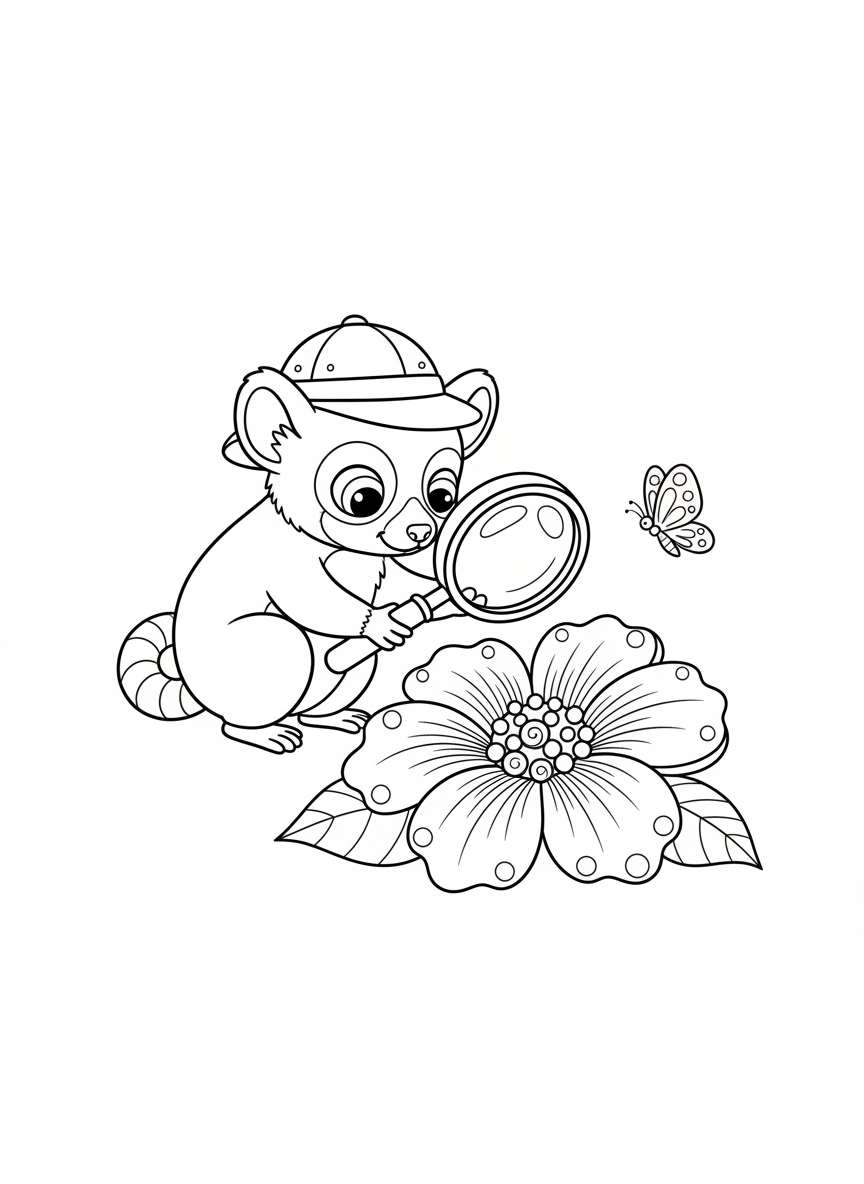Explorer Lemur & Tropical Flower Coloring Page