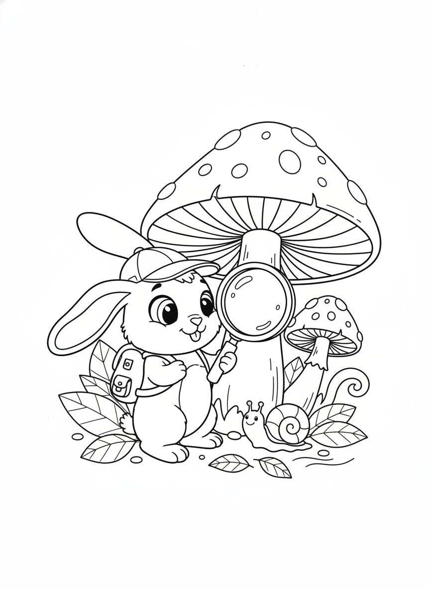 Explorer Rabbit & Magical Mushroom Coloring Page