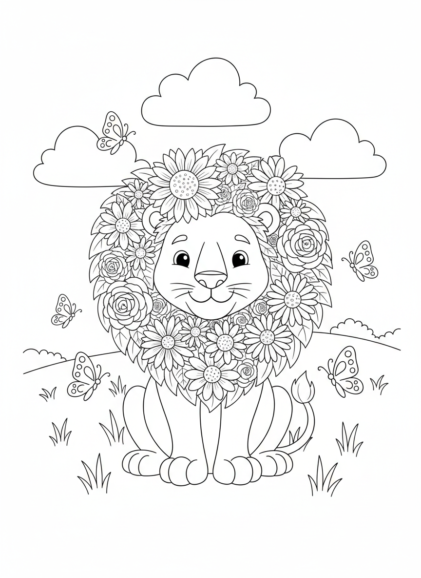 花鬃毛獅子兒童著色頁