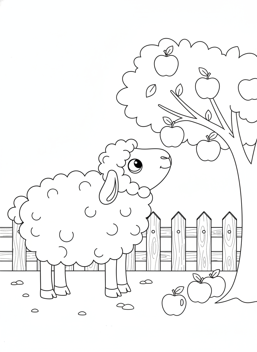 Fluffy Sheep and Apple Tree Coloring Page