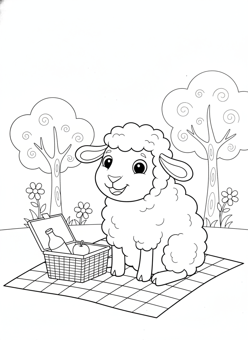 Fluffy Sheep Picnic Coloring Page for Kids