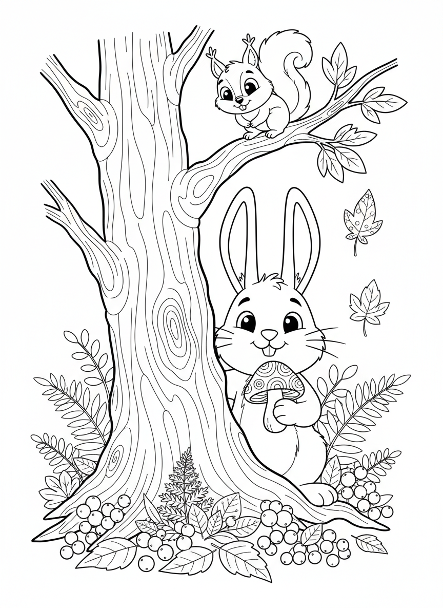 Forest Friends: Rabbit and Squirrel Coloring Page