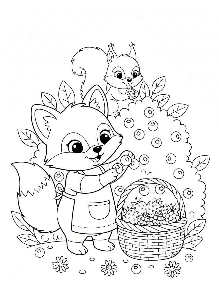 Fox & Squirrel Berry Picking Fun Coloring Page
