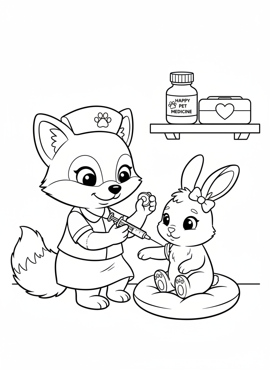 Friendly Animal Nurse & Brave Rabbit Coloring Page