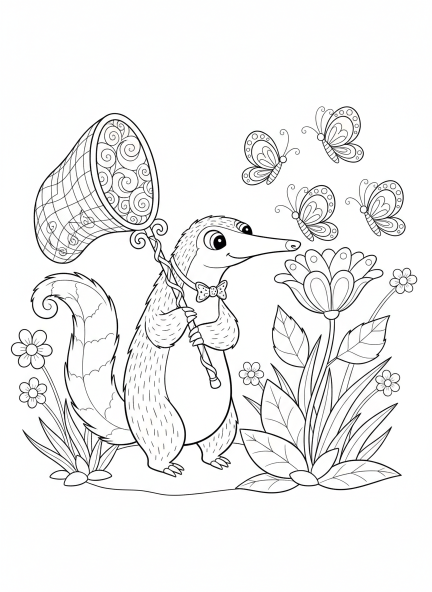 Friendly Anteater Butterfly Hunt Coloring Page