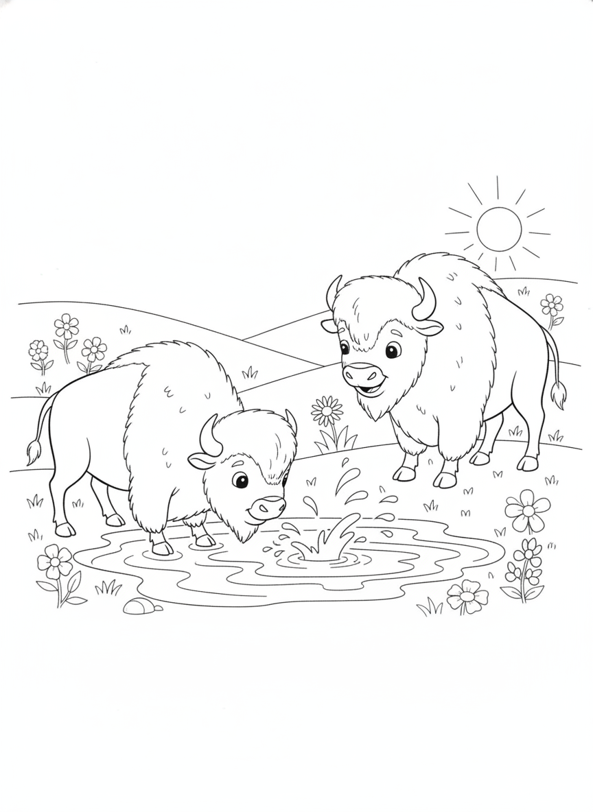 Friendly Bison at Waterhole Coloring Page for Kids