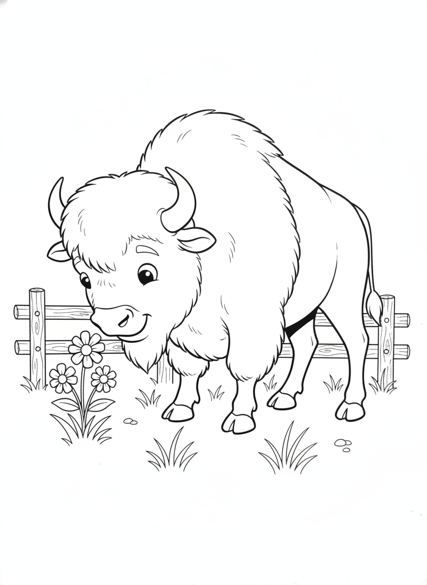 Friendly Bison Sniffing Wildflowers Coloring Page for Kids