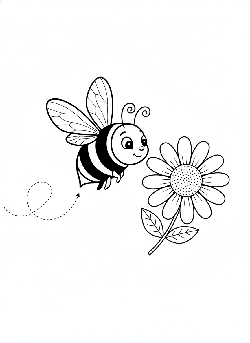 Friendly Bumblebee and Daisy Coloring Page for Kids