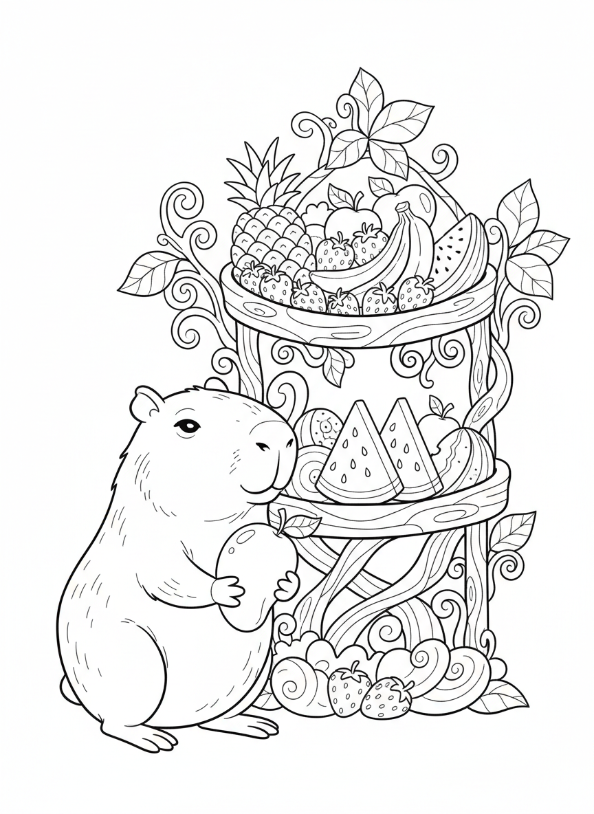 Friendly Capybara at a Fruit Stand Coloring Page
