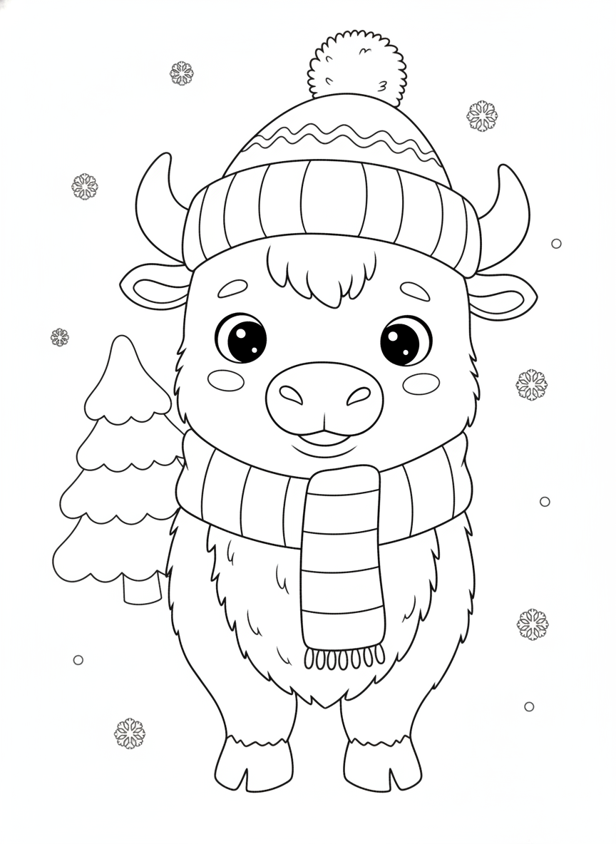 Friendly Cartoon Bison in Snowy Scarf & Hat Coloring Page