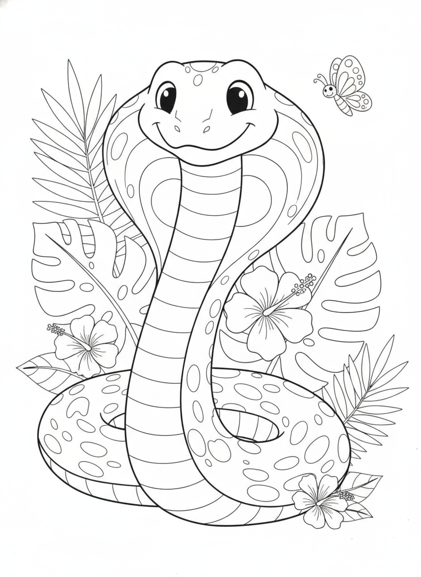 Friendly Cartoon Cobra in Tropical Jungle Coloring Page