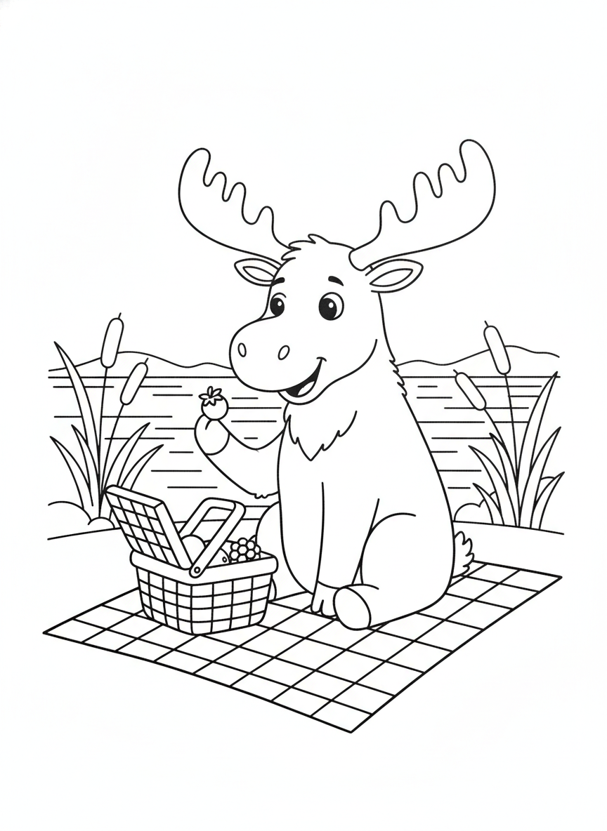 Friendly Cartoon Moose Picnic by the Lake Coloring Page