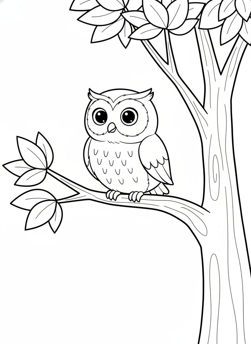 Friendly Cartoon Owl on a Tree Branch Coloring Page