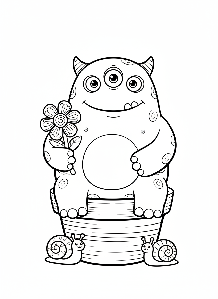 Friendly Clay Monster with Flower Coloring Page