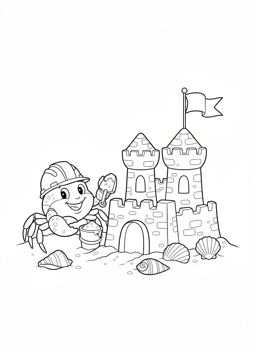 Friendly Crab Building Sandcastle Coloring Page
