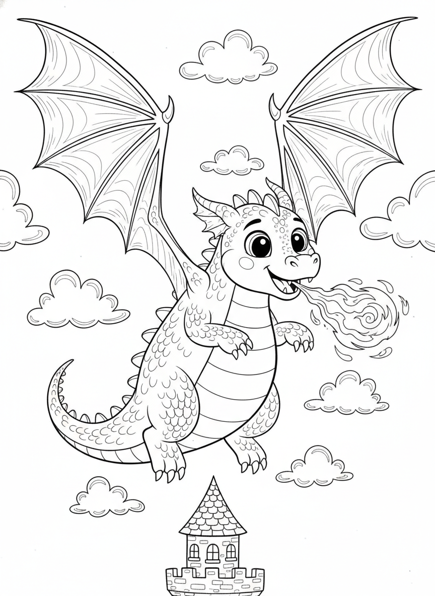 Friendly Dragon Flying Over Castle Coloring Page