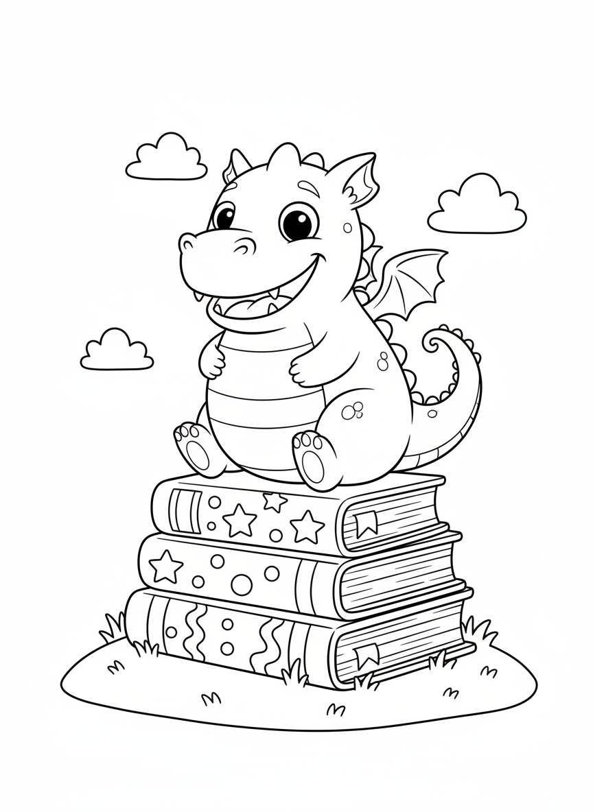 Friendly Dragon on Books Coloring Page