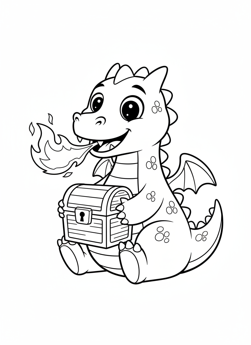 Friendly Dragon with Treasure Chest Coloring Page