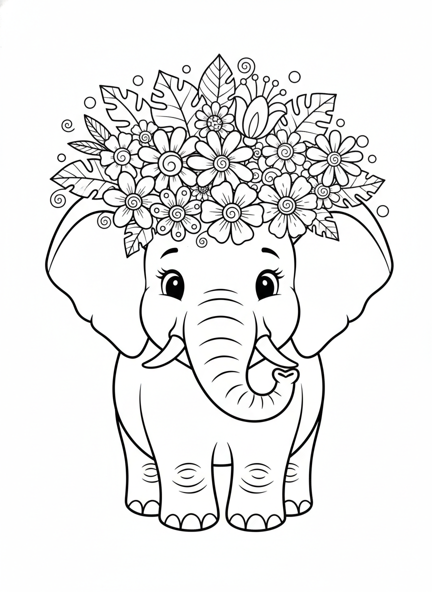 Friendly Elephant with Jungle Flowers Coloring Page
